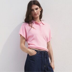Mango L Pink Short Sleeve Polo Neck Fine Knit Sweater